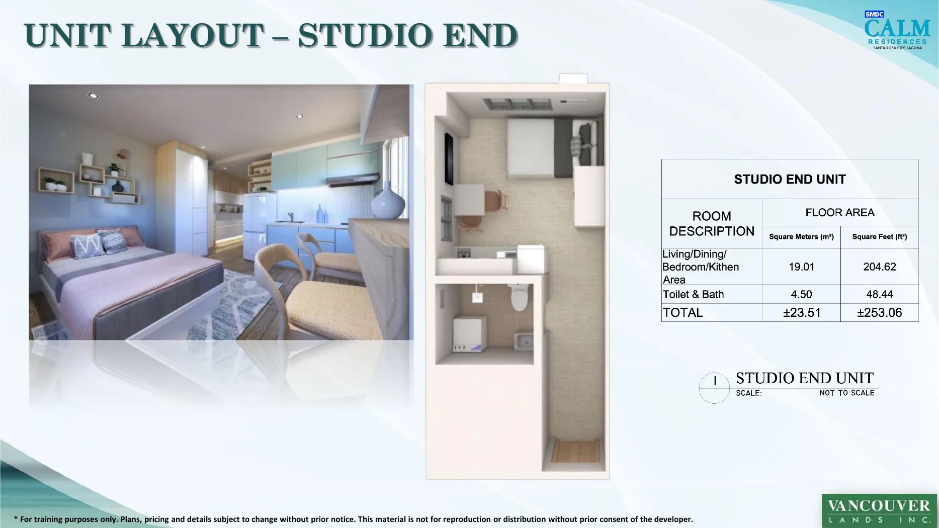 Calm Residences Studio End unit layout