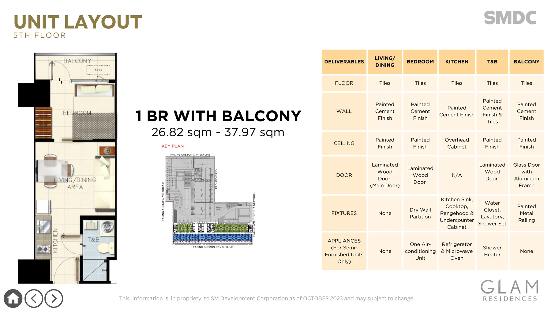 Glam Residences fifth floor one-bedroom with balcony plan