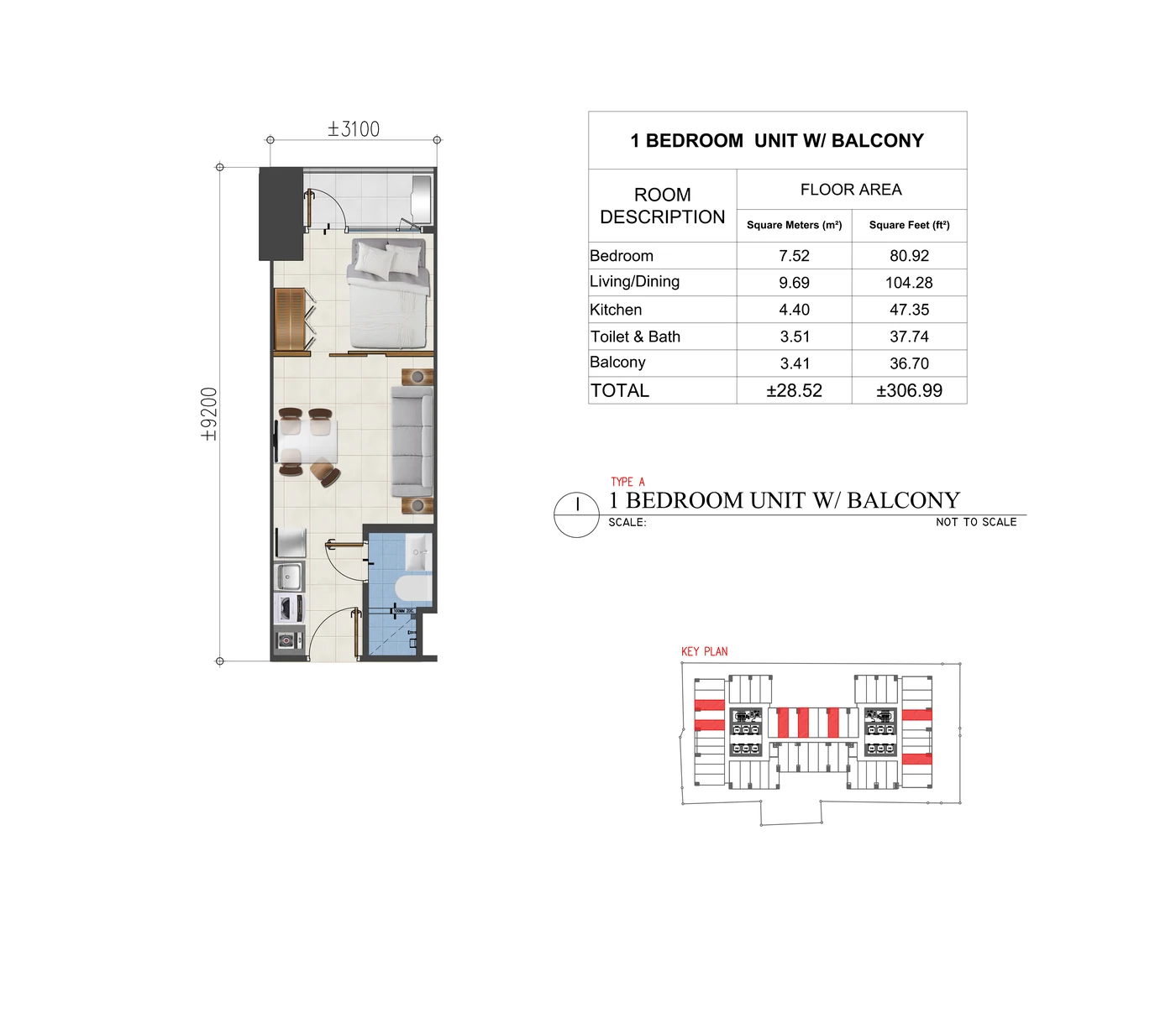Sands Residences 28.52 sqm one-bedroom balcony layout